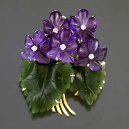 Diamond Amethyst and Malachite Bouquet of Flowers Brooch | 14K Yellow Gold